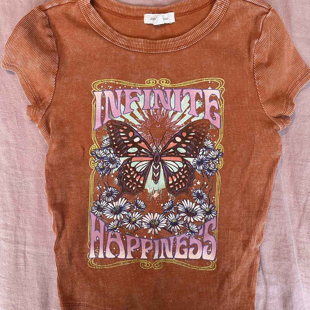 Brown and Pink Crop Top with Butterfly Graphic